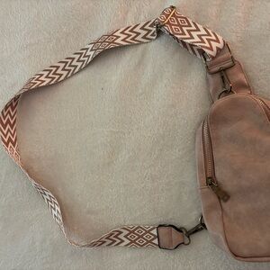 Pink/Tan Crossbody Bag with Patterned Strap